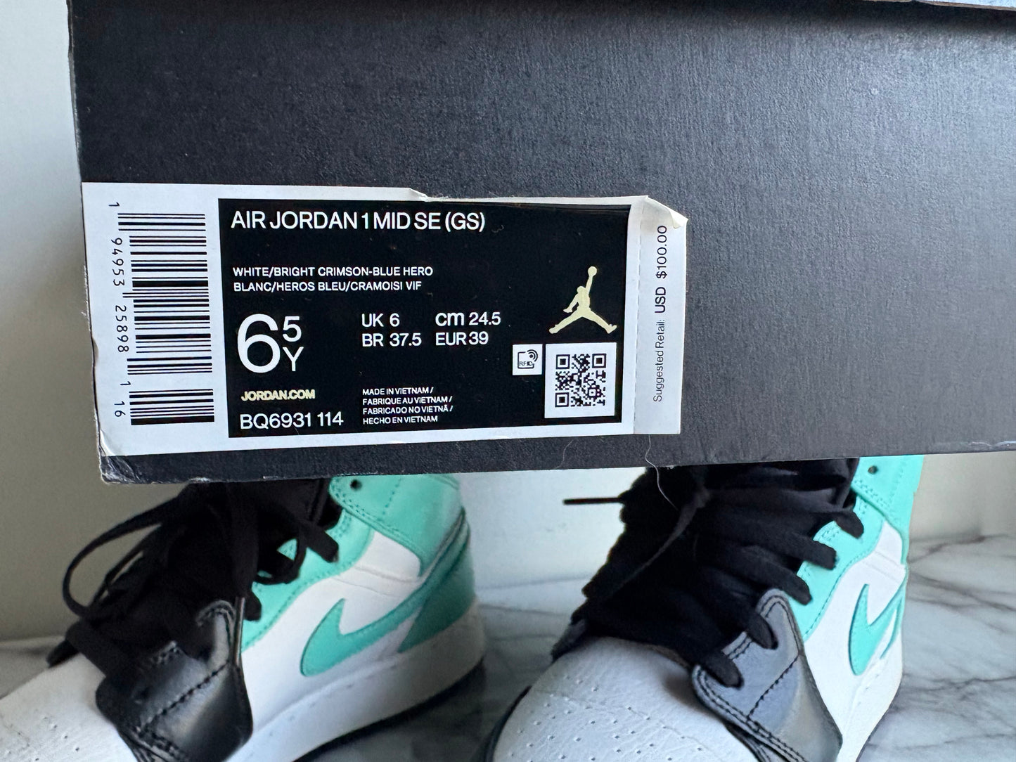 Air Jordan 1 Mid SE (GS) Size 6 Y White/Teal-Blue Hero With Box